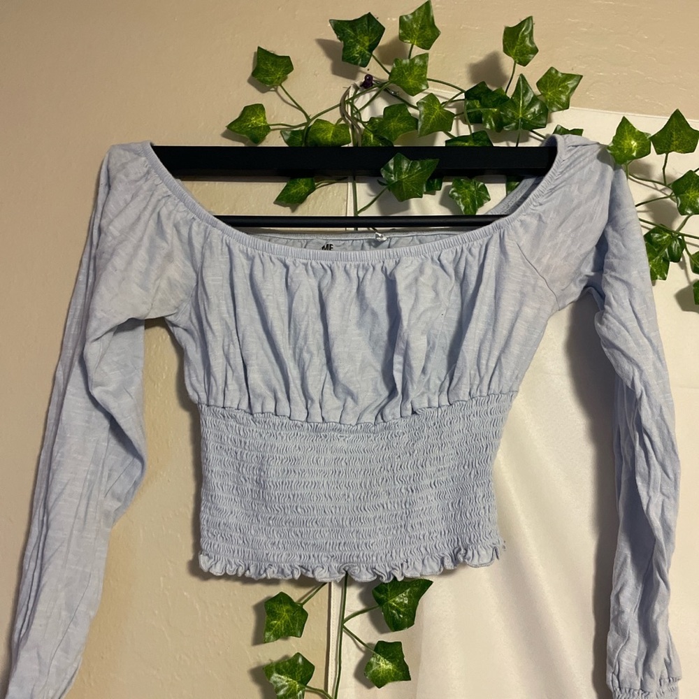 sky blue off the shoulder long sleeve crop top 💙